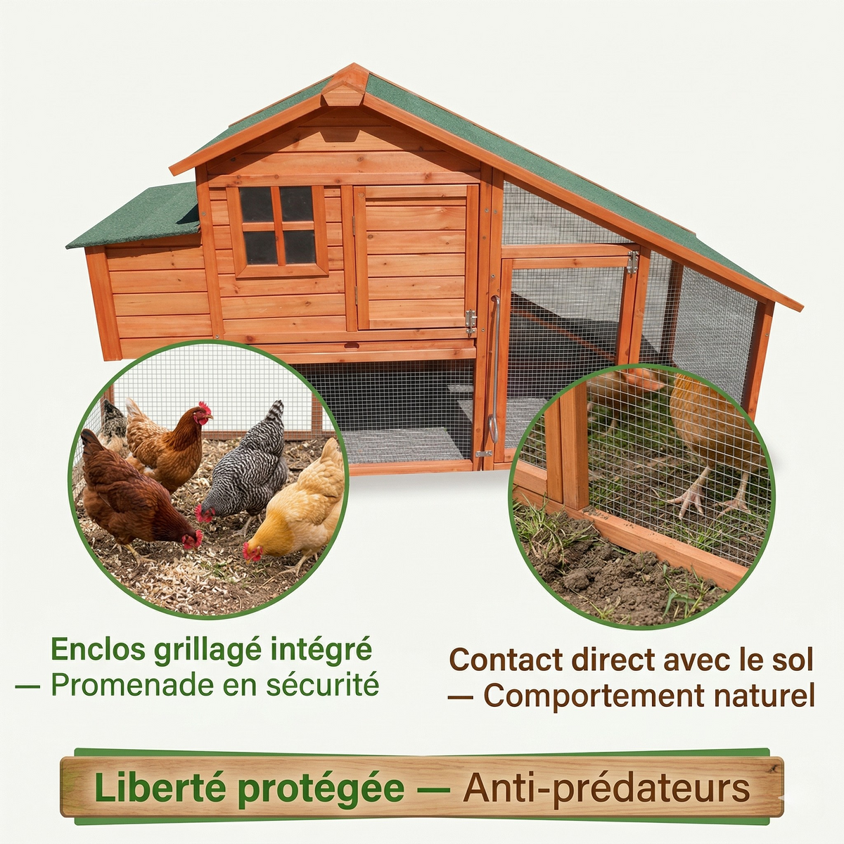 Poulailler  Bois — Enclos Intégré Grand Pondoir Portes Indépendantes