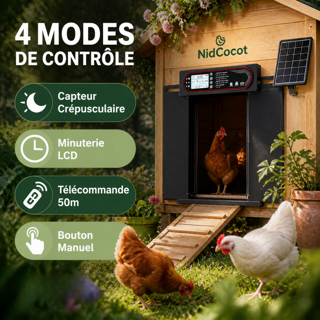 Porte Automatique Solaire  Poule Coulissante 4-en-1 — Capteur Lumière, Minuterie & Anti-Pincement