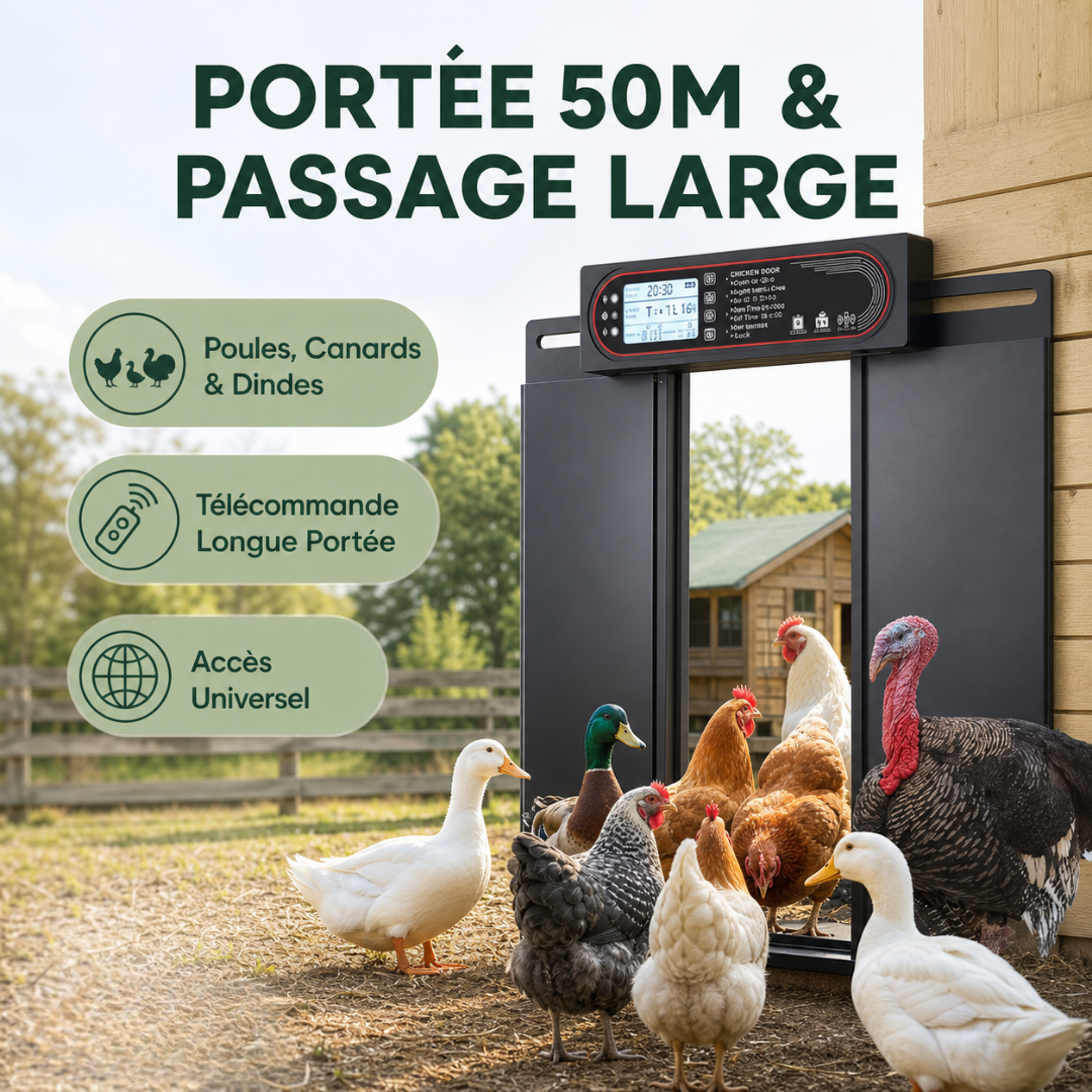 Porte Automatique Solaire  Poule Coulissante 4-en-1 — Capteur Lumière, Minuterie & Anti-Pincement
