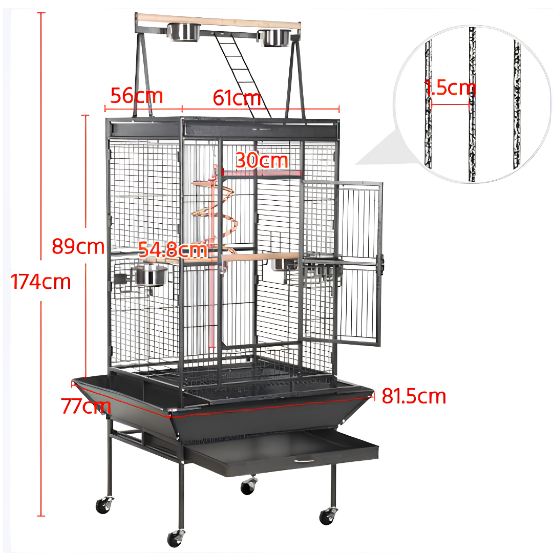 Grande Cage Perroquet Métal sur Roulettes avec Zone de Jeu Supérieure & Jupe Anti-Projections (81 x 76 x 174 cm)