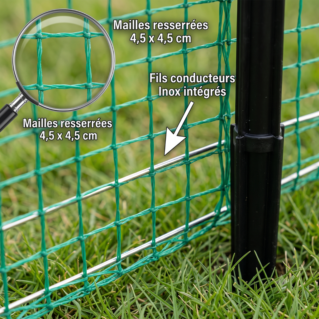 Filet Renforcé Enclos Poules 21m Hauteur 1,25m — Anti-Prédateur Anti-Renard Anti-Fouine Piquets Inclus