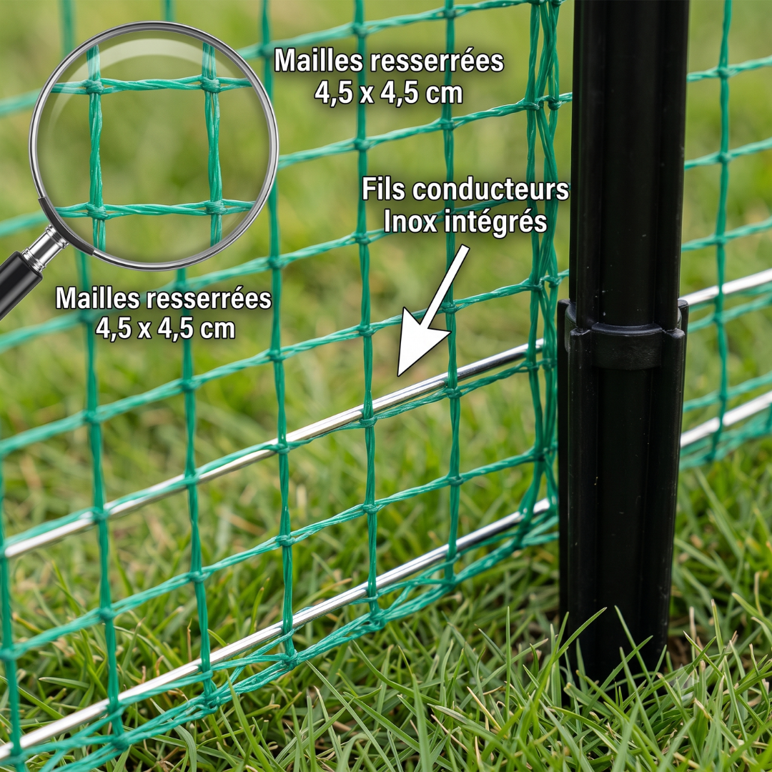 Filet Enclos Poules 21m Hauteur 1,25m — Anti-Prédateur Anti-Renard Anti-Fouine Piquets Inclus