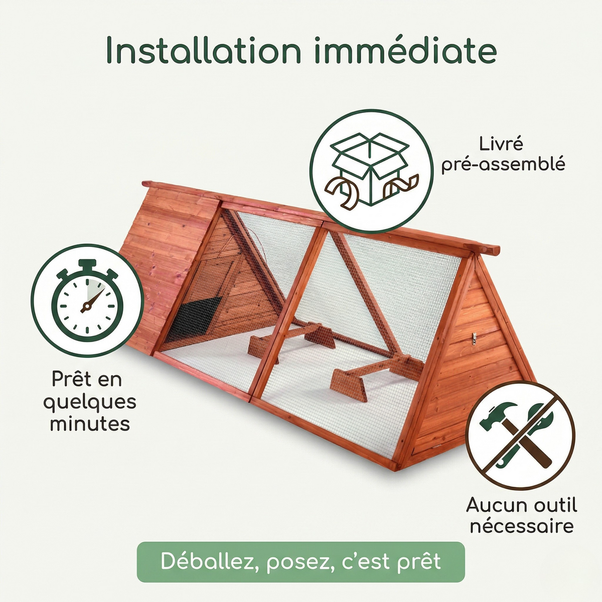 Poulailler Bois Format Allongé — Plancher Ouvert Poignée Transport Pré-Assemblé