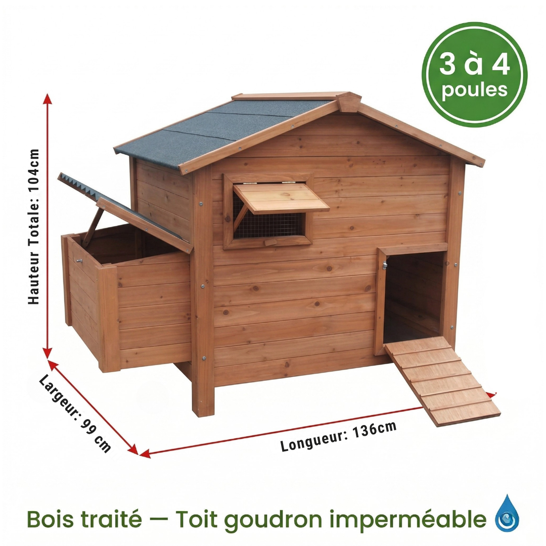 Poulailler Bois Traité — Toit Goudron Double Trappe Pondoir Extérieur