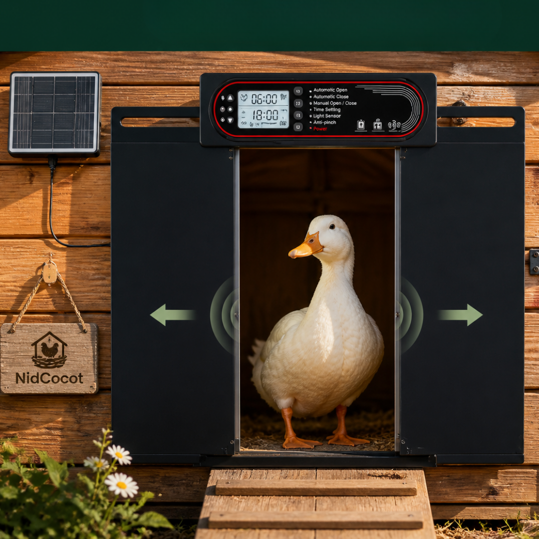 Porte Automatique Solaire  Poule Coulissante 4-en-1 — Capteur Lumière, Minuterie & Anti-Pincement