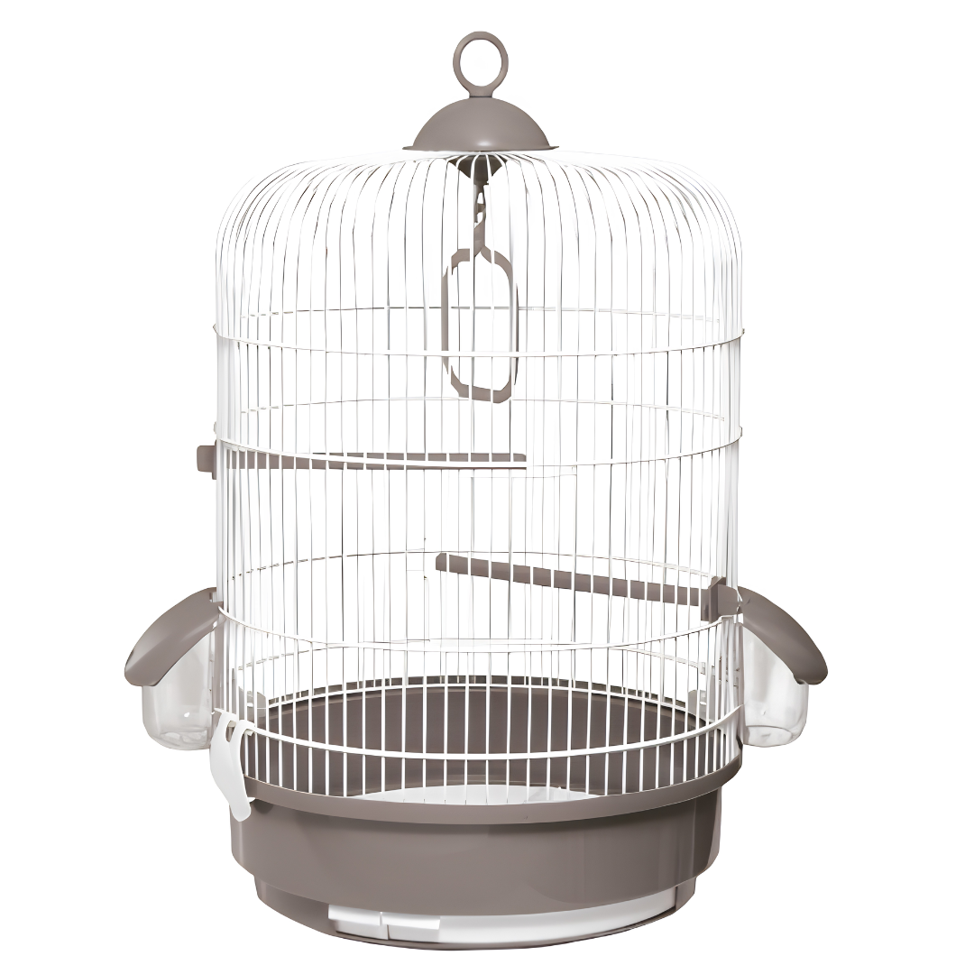 Cage Dôme Ronde Suspendue pour Oiseaux avec Perchoirs — Blanc & Taupe (Ø 32,5 x 48 cm)