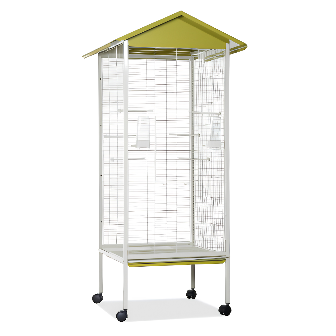 Volière Haute d'Extérieur & Intérieur sur Roulettes avec Toit Protecteur — Vert Olive & Beige (77,5 x 74 x 165 cm)